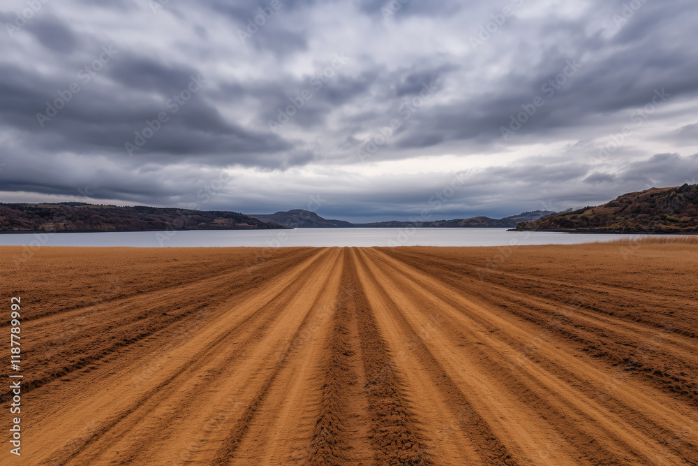 Freshly plowed farmland leading to a calm lake surrounded by hills under a dramatic cloudy sky Freshly plowed farmland leading to a calm lake surrounded by hills under a dramatic cloudy sky