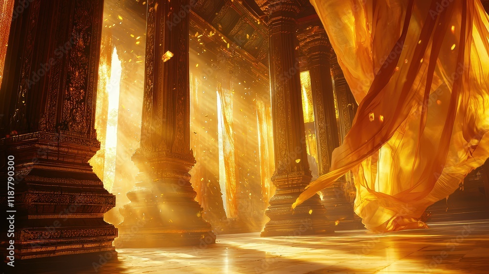 Fototapeta premium Ethereal Light Streaming Through Golden Drapes in Ancient Temple