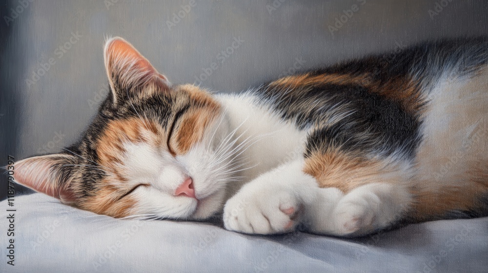 Fototapeta premium Peaceful calico cat sleeping on a soft pillow