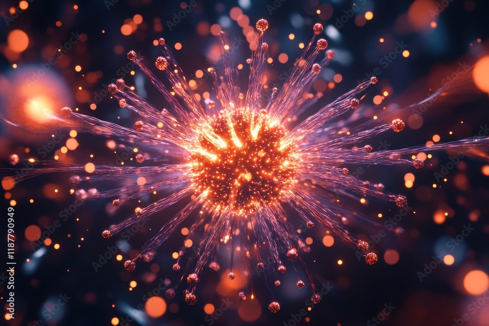 Obraz premium hmpv and covid virus particle with dynamic glowing spikes, spinning slowly, clean loopable animation
