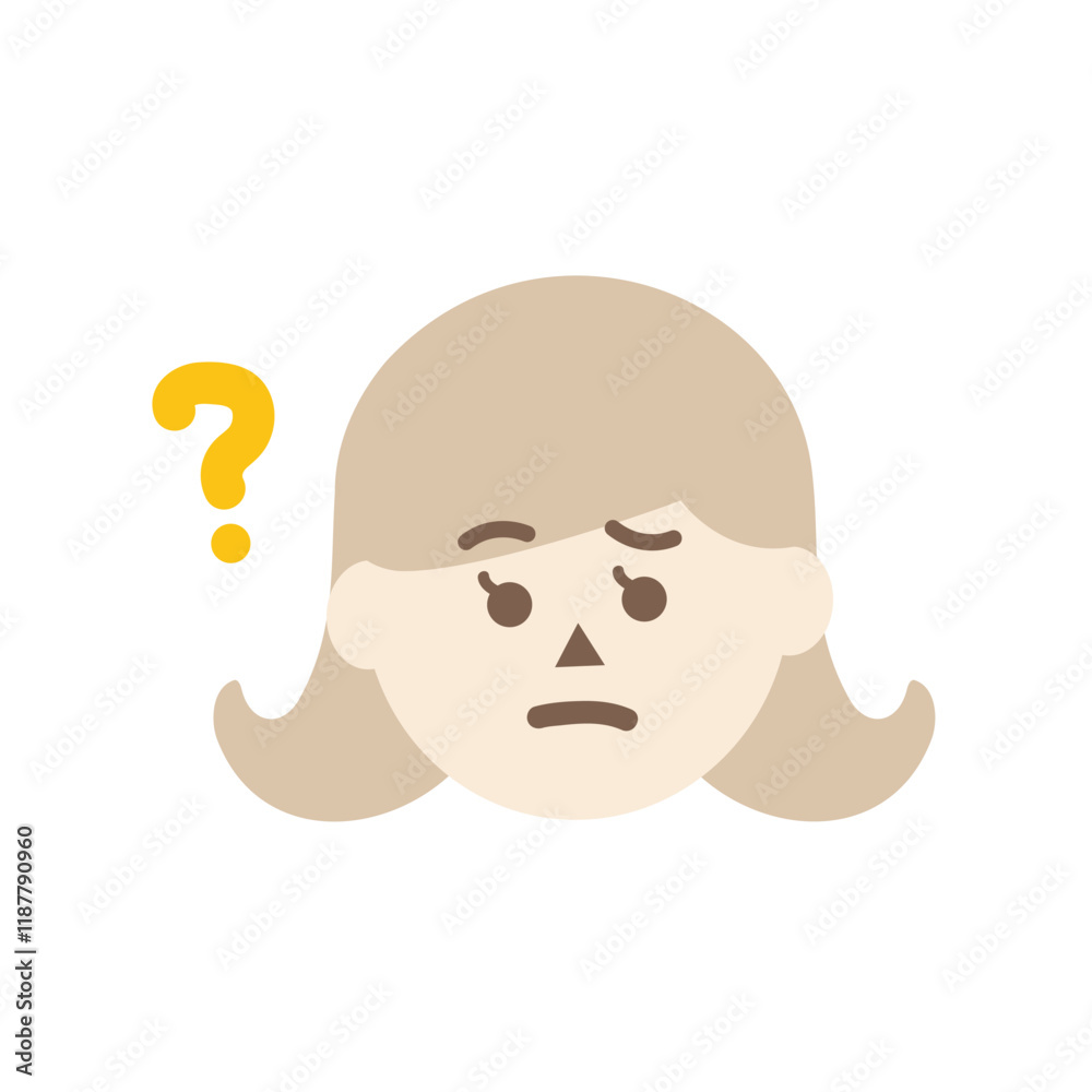 Confused woman head with question mark. Facial expression, feeling, trouble, solution concepts. Flat character vector design isolated illustration. Confused woman head with question mark. Facial expression, feeling, trouble, solution concepts. Flat character vector design isolated illustration.