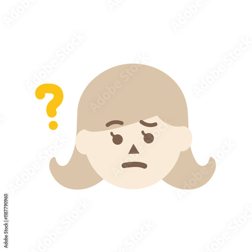 Confused woman head with question mark. Facial expression, feeling, trouble, solution concepts. Flat character vector design isolated illustration.