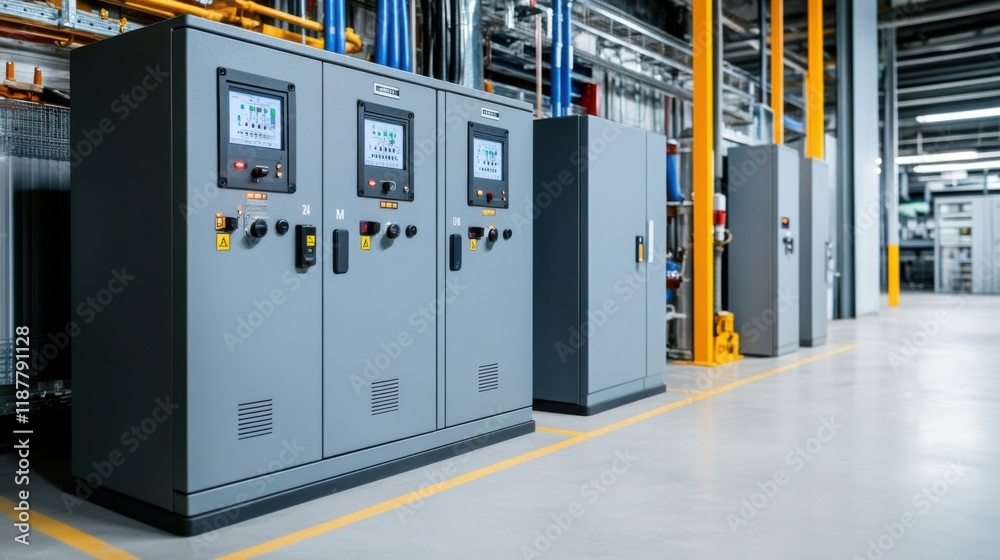 Industrial Control Panels and Machinery in a Modern Factory Environment for Electrical Distribution Management Industrial Control Panels and Machinery in a Modern Factory Environment for Electrical Distribution Management