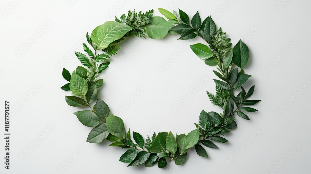 Circular arrangement of green leaves on light background Circular arrangement of green leaves on light background