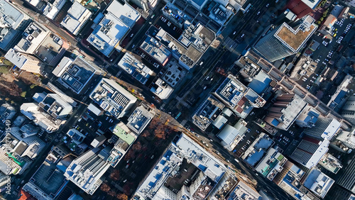 Fototapeta Naklejka Na Ścianę i Meble -  city, aerial view, urban, town, street, scenery, landscape, society, direct overhead view, drone, construction, industry, business, development, japan, era, road, traffic, bird eye view, high angle, s