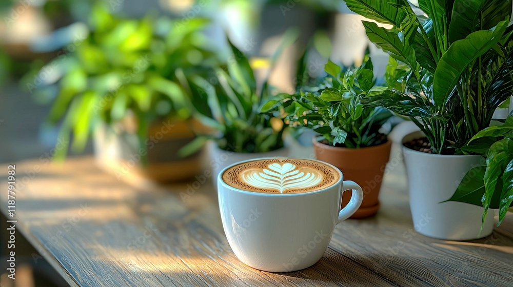 Aromatic Coffee Latte with Heart Design, Surrounded by Lush Greenery on Wooden Table Aromatic Coffee Latte with Heart Design, Surrounded by Lush Greenery on Wooden Table