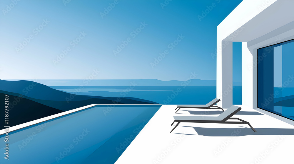 Fototapeta premium Oceanfront villa infinity pool, sun loungers, mountain view; luxury real estate brochure