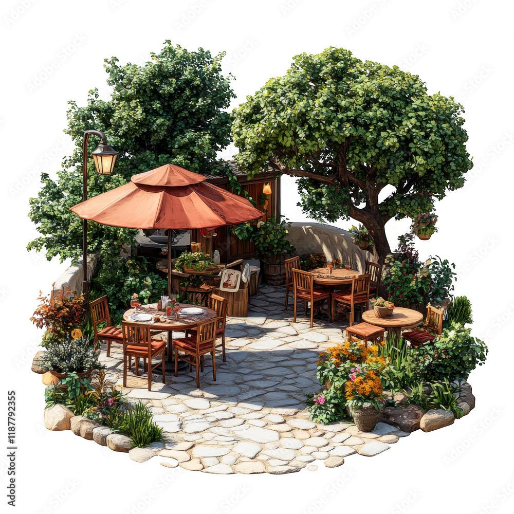Fototapeta premium [Cozy outdoor dining area with garden seating] Cozy Outdoor Dining Oasis Under Pergola & Vine - Garden Retreat