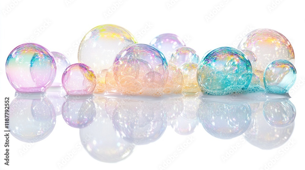 Iridescent Soap Bubbles on a Reflective Surface Iridescent Soap Bubbles on a Reflective Surface