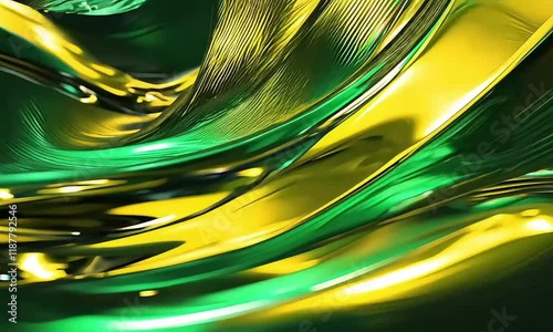 3D abstract swirling green and yellow metalic texture pattern fluid motion background 