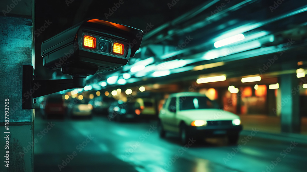 Fototapeta premium A surveillance camera watches over a dimly lit parking garage, capturing the movement of cars under blue and yellow lighting.