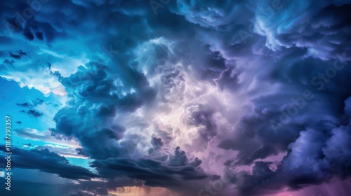 a dramatic thunderstorm brewing on the horizon, painting the sky with dark clouds and flashes of lightning, white space in the center of the page for text