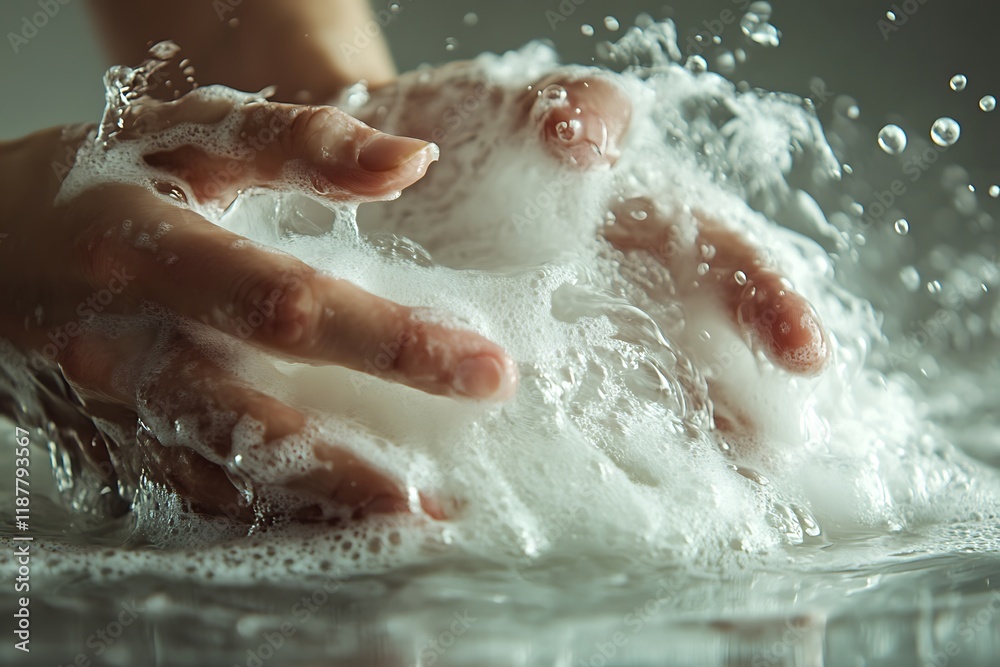 Fototapeta premium Close-up of hands under a sleek water tap, creating a cascade of clear water and fluffy soap suds, with a soft gray isolated background