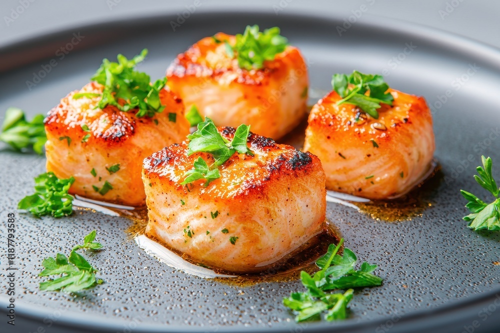 A close-up of deliciously seared salmon portions garnished with fresh herbs, presented on a sleek black plate. A close-up of deliciously seared salmon portions garnished with fresh herbs, presented on a sleek black plate.