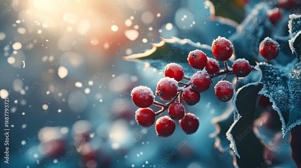 Close-up of holly berries dusted with snow, winter nature scene Close-up of holly berries dusted with snow, winter nature scene