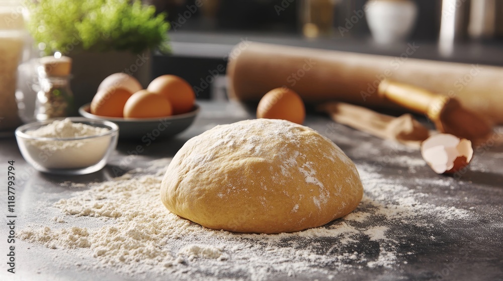 Fresh dough on floured surface with eggs and rolling pin in kitchen
