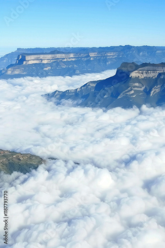 Thick morning fog, creating a mysterious atmosphere. Stylized cinematic mountain landscape