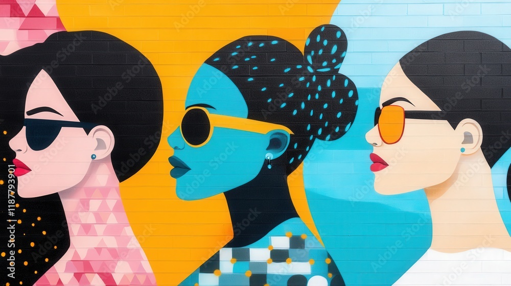 Fototapeta premium Vibrant Artistic Mural Depicting Three Elegant Women with Sunglasses Against a Bold Geometric Background Suggesting Empowerment and Diversity in Contemporary Art