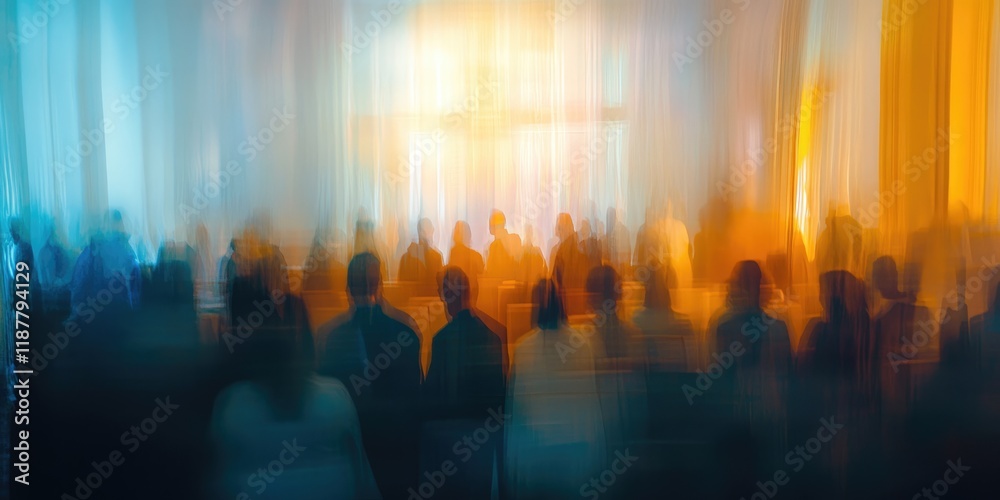 Fototapeta premium Blurred representation of a seminar room filled with diverse attendees, highlighted by an abstract background and defocused lighting.
