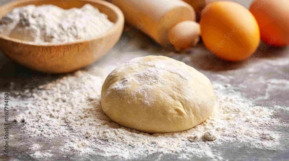 Fresh dough preparation with flour and eggs on a rustic kitchen counter Fresh dough preparation with flour and eggs on a rustic kitchen counter