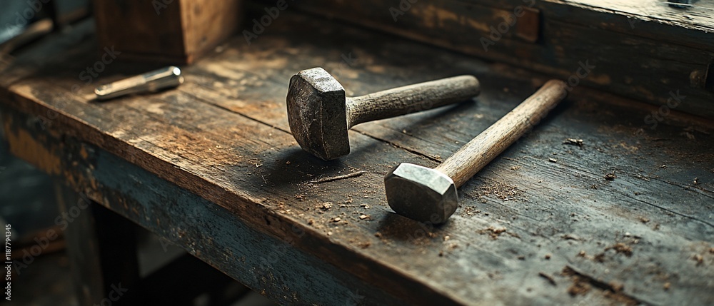 Workshop hammers on wood workbench. Background blur. Tool use Workshop hammers on wood workbench. Background blur. Tool use