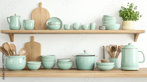 A bright kitchen with natural wooden shelves displaying colorful kitchenware.