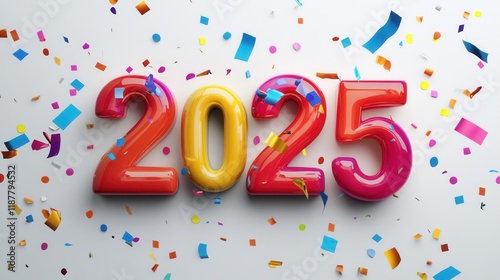 Bold 3D '2025' text in a glossy finish on a minimalist white background, with animated confetti gently falling from above
