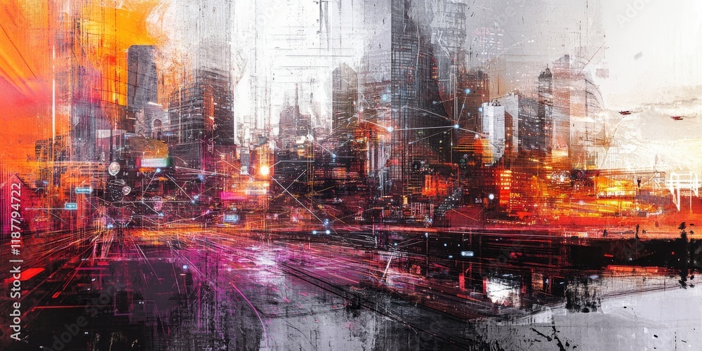 Obraz premium A futuristic cityscape with lines connecting smart devices and individuals, representing the Internet of Things.