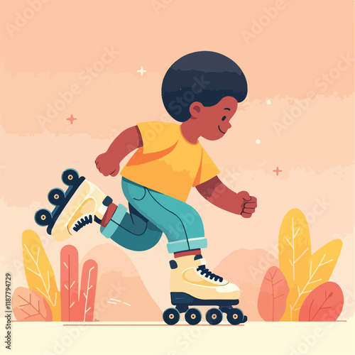 vector image of a small child playing on roller skates