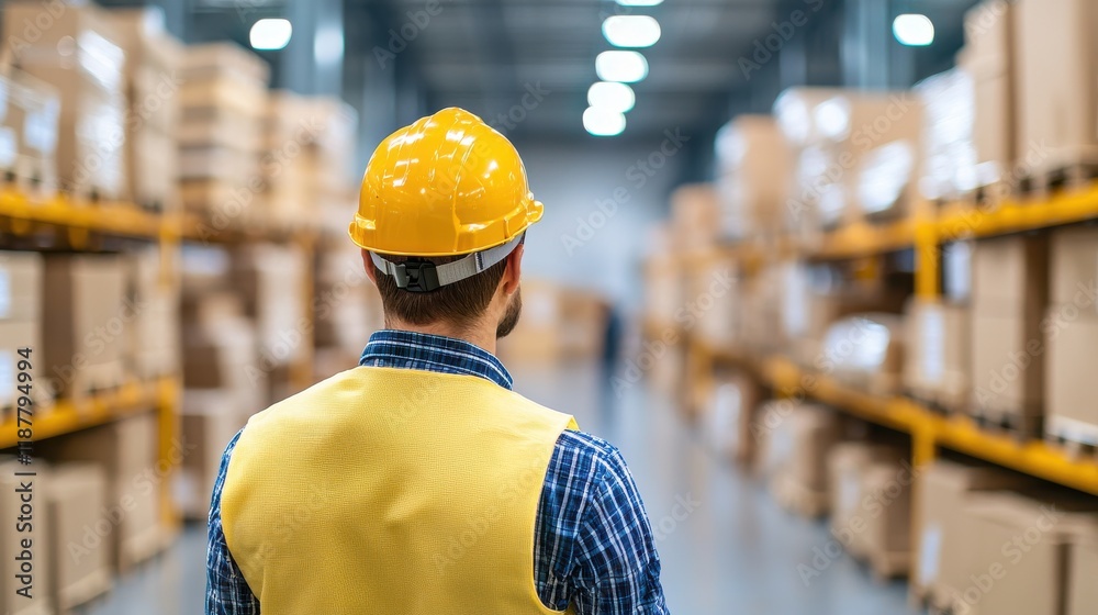 A worker in a safety helmet observes a warehouse filled with stacked cardboard boxes, emphasizing an organized storage environment. A worker in a safety helmet observes a warehouse filled with stacked cardboard boxes, emphasizing an organized storage environment.