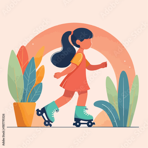 vector image of a small child playing on roller skates