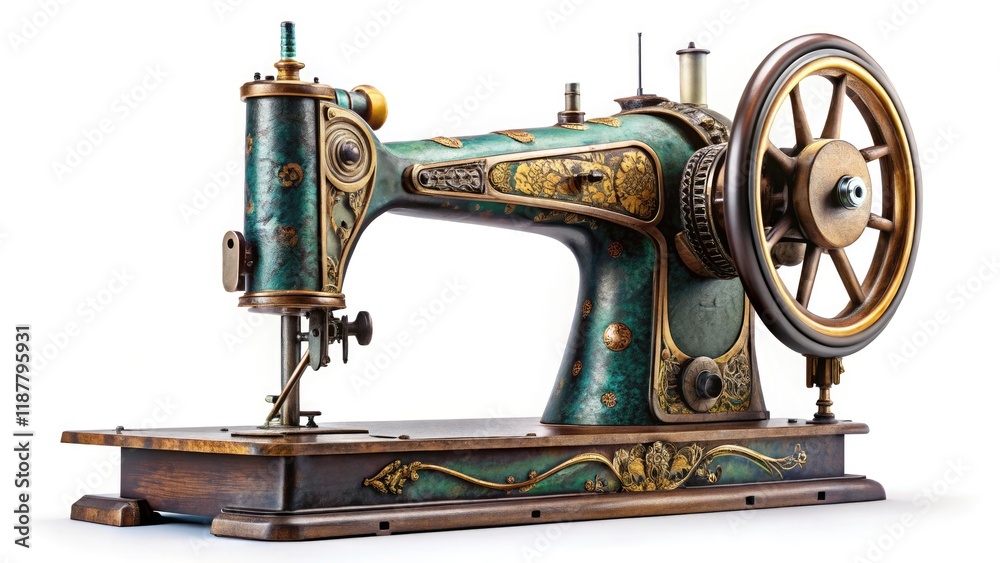 Fototapeta premium Vintage Sewing Machine, Antique Sewing Machine Isolated, Retro Sewing Machine White Background, Old Sewing Machine Photo