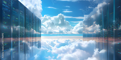 Virtual landscape with clouds and digital infrastructure showcased in a surreal setting with advanced technology. Generative AI