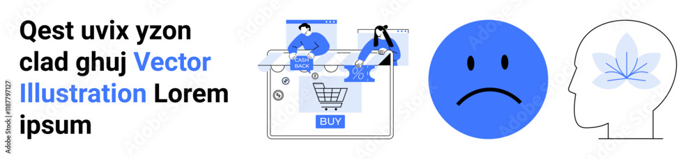 Fototapeta premium Two people shopping online, blue sad face icon, human head with flower symbolizing mental health. Ideal for e-commerce, psychological wellbeing, mental health, online services, consumer behavior