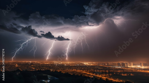 Night cityscape lightning storm dramatic cloudscape weather city lights