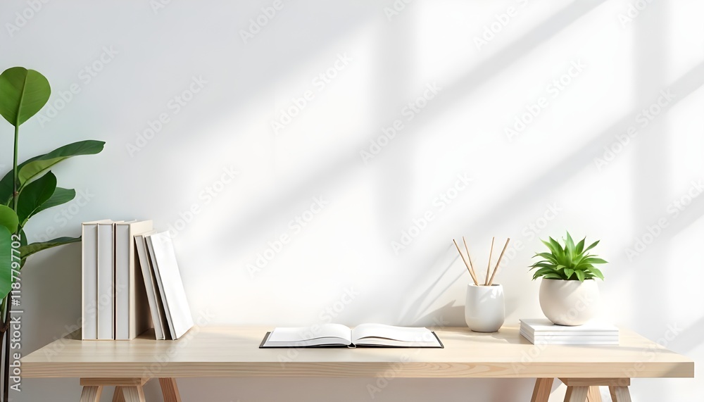 A minimalist workspace featuring an office table with neatly arranged books and supplies, set against a clean white wall, offering ample copy space for text or product showcase A minimalist workspace featuring an office table with neatly arranged books and supplies, set against a clean white wall, offering ample copy space for text or product showcase