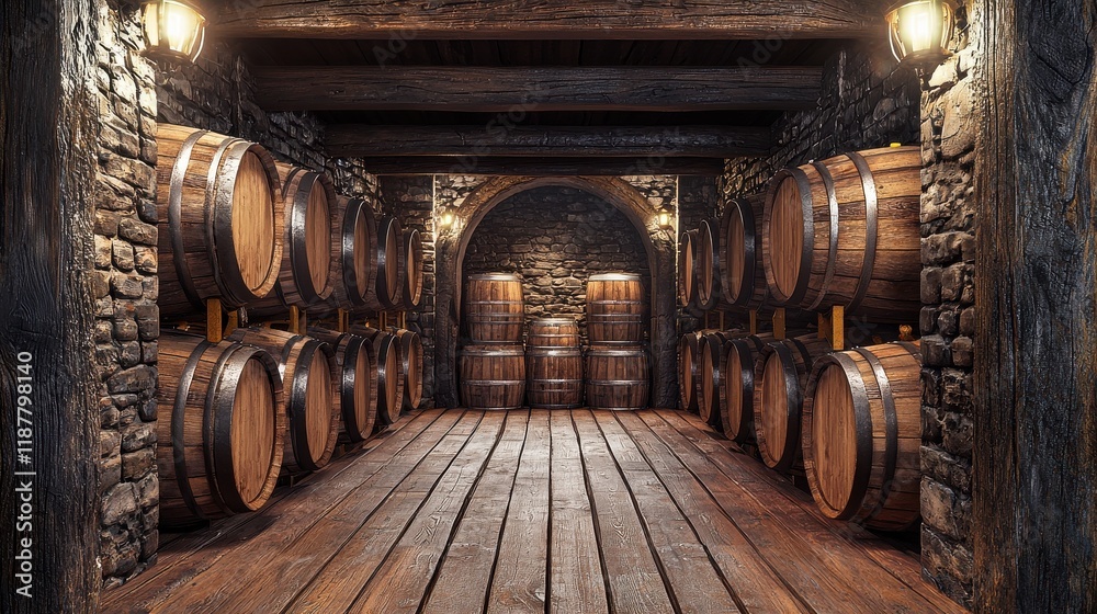 A rustic cellar featuring wooden barrels, stone walls, and warm lighting, creating a cozy atmosphere for aging beverages. A rustic cellar featuring wooden barrels, stone walls, and warm lighting, creating a cozy atmosphere for aging beverages.
