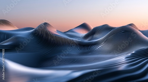 63.A surreal abstract design showcasing layered wavy forms stretching across a blue background. The texture and lighting emphasize the gentle peaks and troughs, creating a fluid and harmonious visual photo