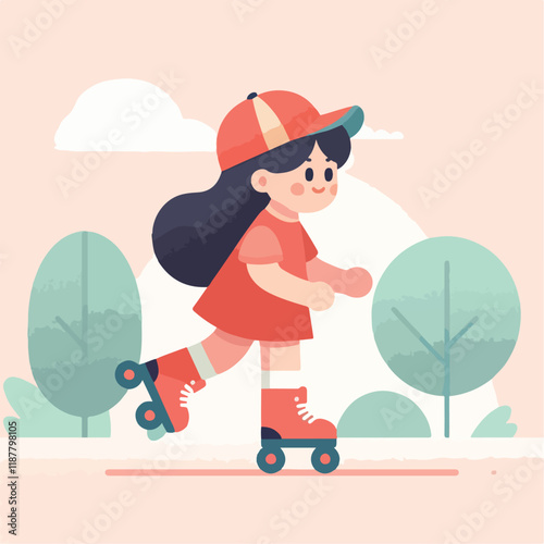 vector image of a small child playing on roller skates