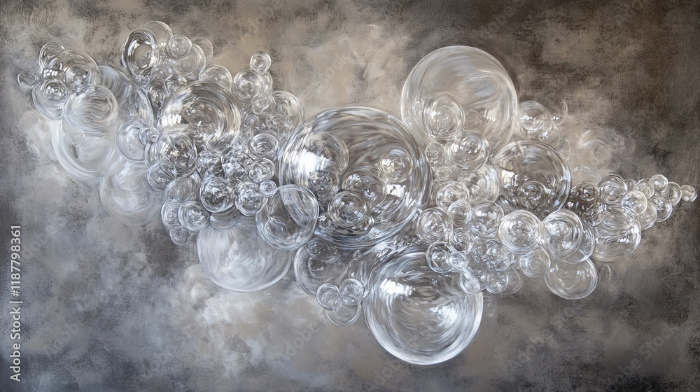 69.A surreal arrangement of floating bubbles with glass-like transparency, interacting gently in a grey environment. The bubbles' surfaces capture soft light reflections, creating intricate overlaps 69.A surreal arrangement of floating bubbles with glass-like transparency, interacting gently in a grey environment. The bubbles' surfaces capture soft light reflections, creating intricate overlaps