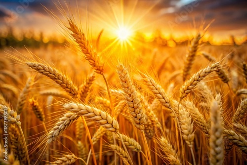 Golden Wheat Field: Sunlit Ripe Common Wheat Ears Close-Up photo