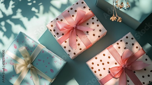 Elegant gift boxes with decorative ribbons and bows on white background photo