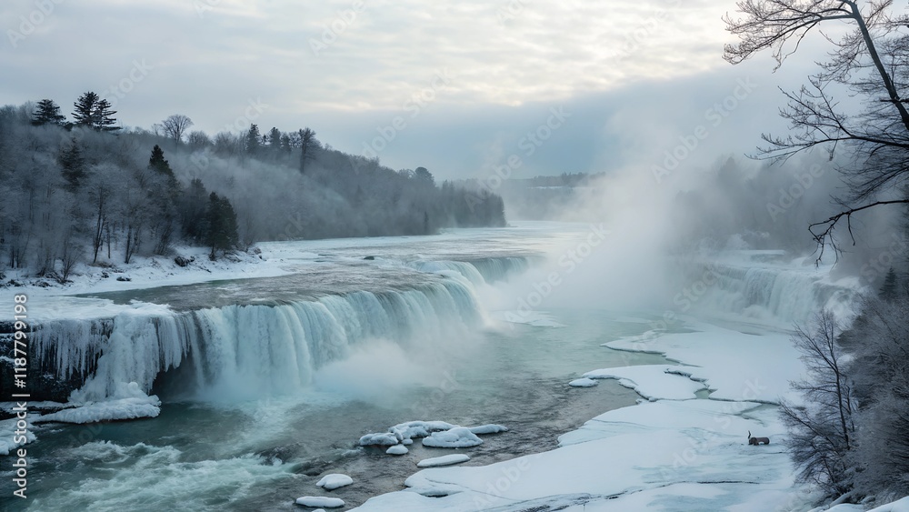 Fototapeta premium waterfall in the mountains surrounded by fog