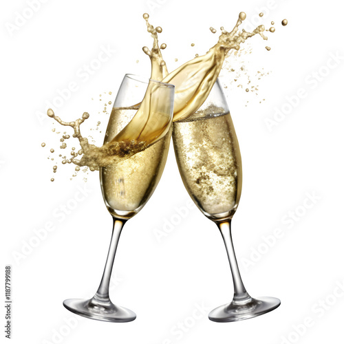 two champagne glasses clinking together in a celebratory toast bubbles rising from the effervescent liquid symbolizing joy success and jubilation against a transparent background