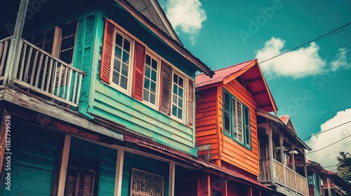 Traditional wooden houses in Georgetown, Guyana, showcasing unique V6 architectural style with raw textures. photo