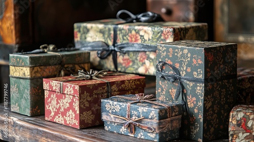 Elegant gift boxes with decorative ribbons and bows on white background photo