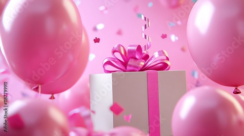 Colorful birthday celebration with pink balloons, gift boxes, and confetti on bright background – 3d rendering photo