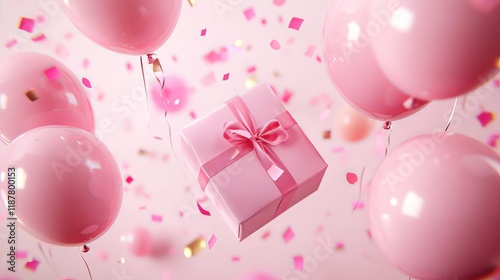 Colorful birthday celebration with pink balloons, gift boxes, and confetti on bright background – 3d rendering photo