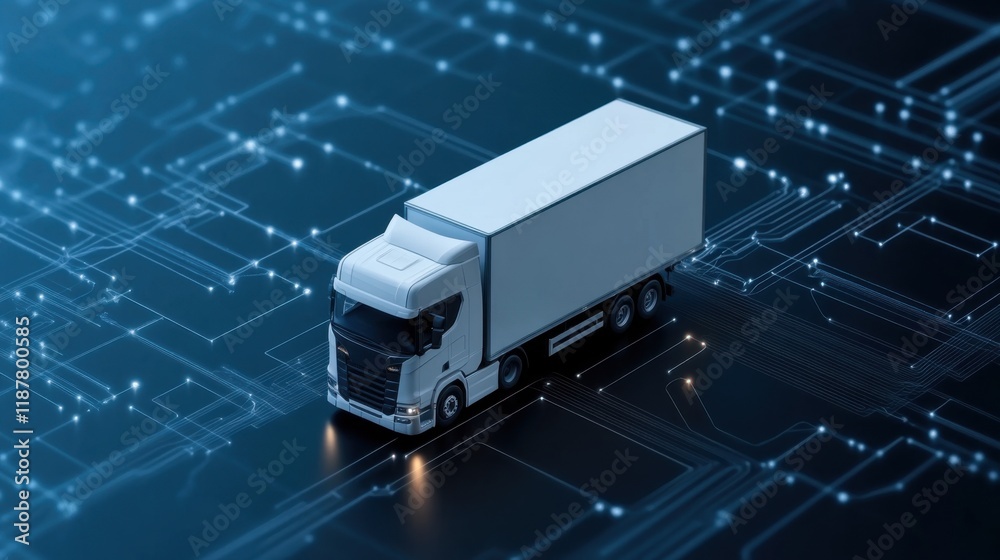Futuristic Truck on Digital Circuit Board Representing Logistics and Transportation Technology Concepts Futuristic Truck on Digital Circuit Board Representing Logistics and Transportation Technology Concepts