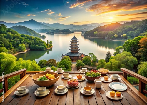 Hangzhou West Lake: Scenic View with Traditional Chinese Cuisine photo